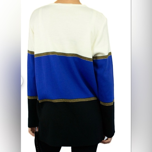 Karen Lessly Women Sweater Large $80 Cream Blue Oversized Boxy Acrylic Vtg USA - Picture 2 of 15